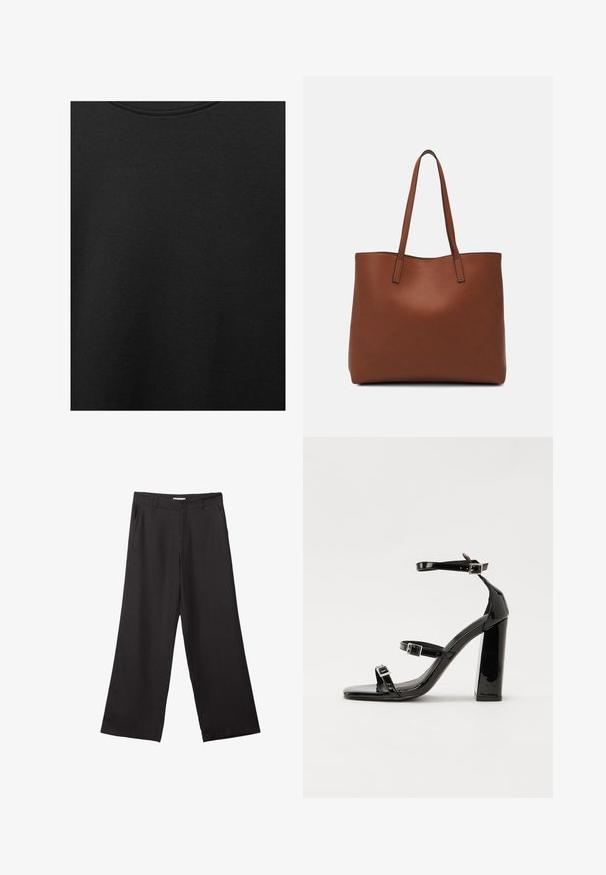 Črn bombažni material z gladko teksturo in okroglo izrezom, ki ima subtilen, enakomeren vzorec. Brez vidnih logotipov ali akcentov.; Črne široke hlače iz gladkega materiala, z sprednjim zadrgo in dvema stranskima žepoma, s prilagojenim krojem in minimalističnim dizajnom.; Črne lakirane sandale s peto, kvadratnim prstom, trakovi okrog gležnja in srebrnimi zaponkami. Opremljene so s stabilno Debelo peto.; Rjava usnjena torba z gladko teksturo, odprto zasnovo zgoraj in dvema naramnima trakovoma. Opremljena je z minimalnim šivanjem in brez vidnih kovinskih delov.