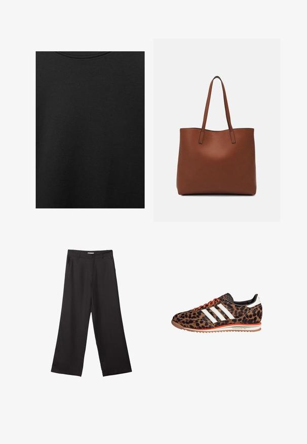 Črn bombažni material z gladko teksturo in okroglo izrezom, ki ima subtilen, enakomeren vzorec. Brez vidnih logotipov ali akcentov.; Črne široke hlače iz gladkega materiala, z sprednjim zadrgo in dvema stranskima žepoma, s prilagojenim krojem in minimalističnim dizajnom.; Superge s leopardjim vzorom, s tremi belimi črtami, oranžnimi vezalkami, zgornjim delom iz rjavega tekstila, teksturiranim petnim delom in gumijastim podplatom s kontrastnimi poudarki.; Rjava usnjena torba z gladko teksturo, odprto zasnovo zgoraj in dvema naramnima trakovoma. Opremljena je z minimalnim šivanjem in brez vidnih kovinskih delov.