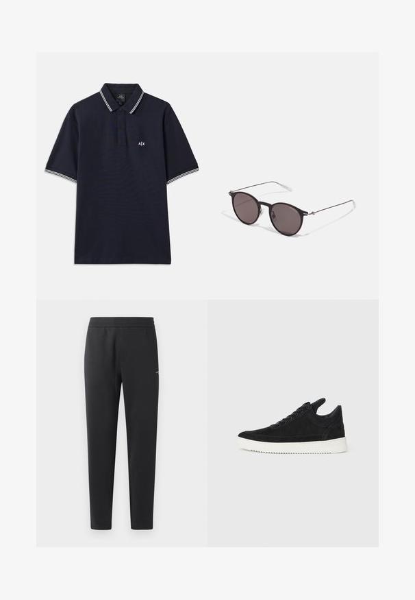Marineblå poloskjorte i bomull med klassisk krage, to-knapp placket og hvite striper på ermene. Lite logo på brystet.; Sorte joggebukser laget av myk stoff, med elastisk midjebånd, rette ben og en liten logo detalj på siden.; Sorte semskede sneakers med hvit gummisåle, med tonale sømmer og snøring. Glatt tekstur med en moderne, strømlinjeformet form.; Sorte, runde solbriller med mørke linser og slanke metalarmer. Inkluderer klare temple tips og sølvfargede detaljer ved hengslet. Minimalistisk design.