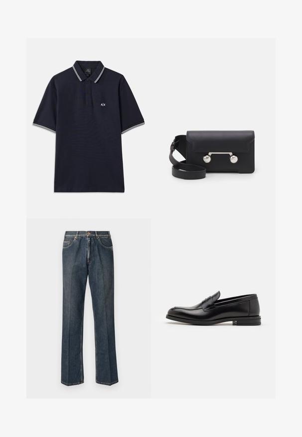 Granatowa koszulka polo wykonana z bawełny, z klasycznym kołnierzykiem, zapięciem na dwa guziki i białymi paskami na rękawach. Małe logo na piersi.; Ciemnoniebieskie dżinsy prostego kroju z przodu na guzik, z suwakiem, podwójnymi kieszeniami z przodu oraz widocznymi pionowymi zmarszczeniami na nogawkach.; Czarne skórzane mokasyny o gładkiej fakturze, zaokrąglonym nosku i dekoracyjnym pasku na przodzie. Niski, warstwowy obcas, minimalistyczny design.; Czarna skórzana torba na ramię z klapką, z metalowymi elementami w srebrnym kolorze i dwoma okrągłymi akcentami. Posiada odczepiany pasek. Gładka faktura.