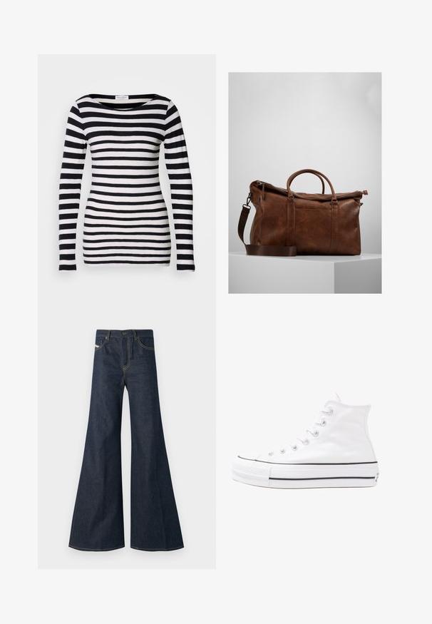 Long-sleeve black and white striped shirt with a wide neckline. Made of soft fabric, featuring even horizontal stripes.; Dark blue flared jeans made of denim, featuring a high waist, gold stitching accents, and two front pockets with a button closure.; White high-top canvas sneaker with black rubber sole, front rubber toe cap, and six eyelets for laces, featuring a clean, minimalist design.; Brown leather duffle bag with a zip closure, double handles, adjustable shoulder strap, and visible texture patterns on the surface.