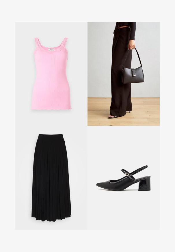 Rózsaszín bordázott ujjatlan felső csipkebordűrrel a dekoltázsnál és a pántoknál. Testhezálló kialakítású, alján enyhén rojtos szegéllyel.; Fekete, redőzött szoknya magas, rugalmas derékrésszel. Puha anyagból készült, függőleges redőzéssel a légies sziluett érdekében.; Fekete lakk bőr, pántos magassarkú cipő, hegyes orral, lekerekített kivágással és tömbsarkal. Arany színű csat díszíti.; Fekete kézi táska strukturált formával, sima textúrával és fémből készült záródással. Széles fekete nadrággal és nyitott orrú szandállal párosítva, fából készült padlón.