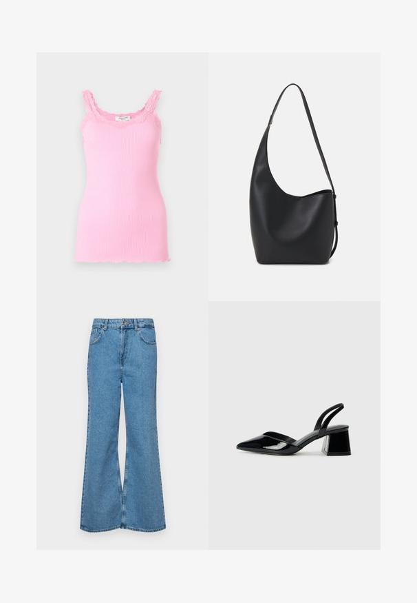 Ružový rebrovaný top s krajkovým obšitím okolo výstrihu a ramienok. Má priliehavý strih a mierne rozstrapkaný spodný lem.; Svetlomodré rozšírené džínsy vyrobené z denimu, s vysokým pásom, piatimi vreckami a jednopoložkovým zapínaním na gombík. Mäkká textúra s vyblednutým povrchom.; Čierne lakované kožené sandálové podpätky s špicatou špičkou a geometrickým blokovým podpätkom. Disponujú elegantným, minimalistickým dizajnom a hladkým povrchom.; Čierna kožená hobo taška so hladkou textúrou, zakriveným tvarom a jedným nastaviteľným popruhom; má široké otvorenie na vrchu.