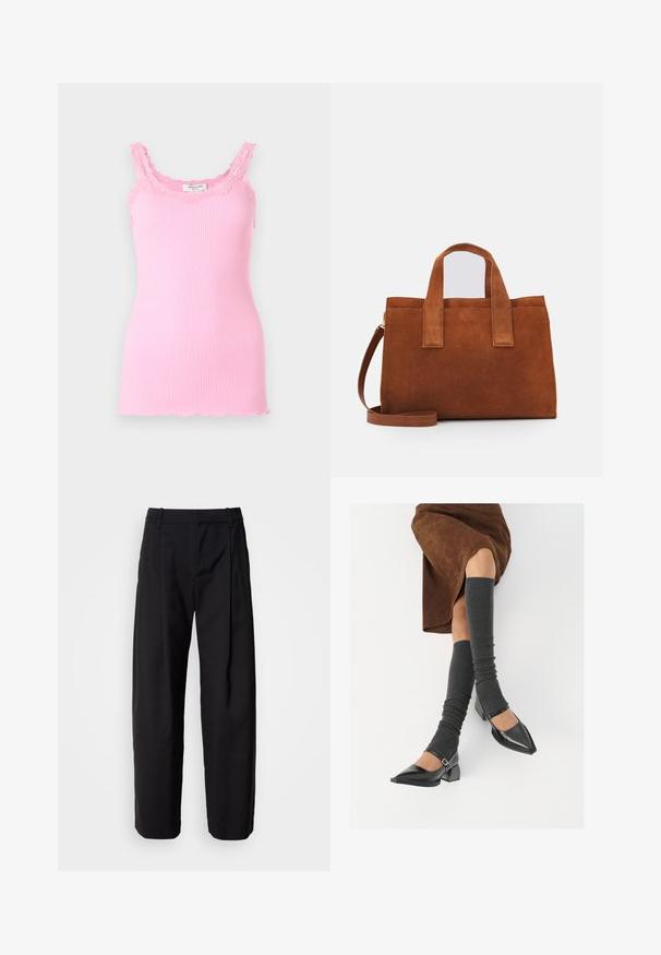 Rózsaszín bordázott ujjatlan felső csipkebordűrrel a dekoltázsnál és a pántoknál. Testhezálló kialakítású, alján enyhén rojtos szegéllyel.; Fekete nadrág laza szabással, pliszírozott elejével és övbújtatóival. Sima anyagú, egyenes szárú, oldalsó zsebekkel.; Fekete lakk bőrből készült, hegyes orrú cipők, tömbsarkúakkal és bokapánttal, szürke bordás lábszármelegítőkkel és barna velúr szoknyával párosítva.; Barna velúr kézitáska két felső fogantyúval és állítható vállpánttal. Struktúrált formával és minimalista dizájnnal rendelkezik.