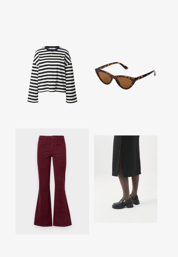 Zwart-wit gestreepte langemouwen top. Heeft een ronde halslijn en een rechte snit. Zachte stof met contrasterende horizontale strepen.; Bordeaux corduroy flare jeans met vijf zakken, een sluiting met een knoop aan de voorkant en een gestructureerde stof. De flare loopt van de knie tot de zoom.; Zwarte leren schoenen met een ronde neus, dikke blokhak en elastische zijkanten, gecombineerd met donkere panty's en een zwarte rok met een split.; Cat-eye zonnebril met een zwart en oranje schildpadframe, bruine lenzen en slanke, puntige uiteinden. Bevat een minimalistisch logo op de poot.