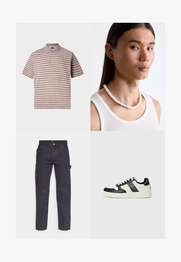 Csíkos pólóing halvány rózsaszín és fehér színben, rövid ujjal, gallérral és három gombbal, textúrált anyagból készült.; Sötétszürke cargo nadrág tartós anyagból, egyenes szárú fazonnal, öt zsebbel és gombos derékzárral.; Fekete és krém színű bőrsneaker, perforált díszítésekkel, párnázott bokapánttal és texturált talppal.; Fehér kagyló nyaklánc, amely szabálytalan formákból áll, egy testre simuló fehér ujjatlan felső felett viselve. Simára polírozott textúra, finom fényességgel, szoros illeszkedésű kialakítással.