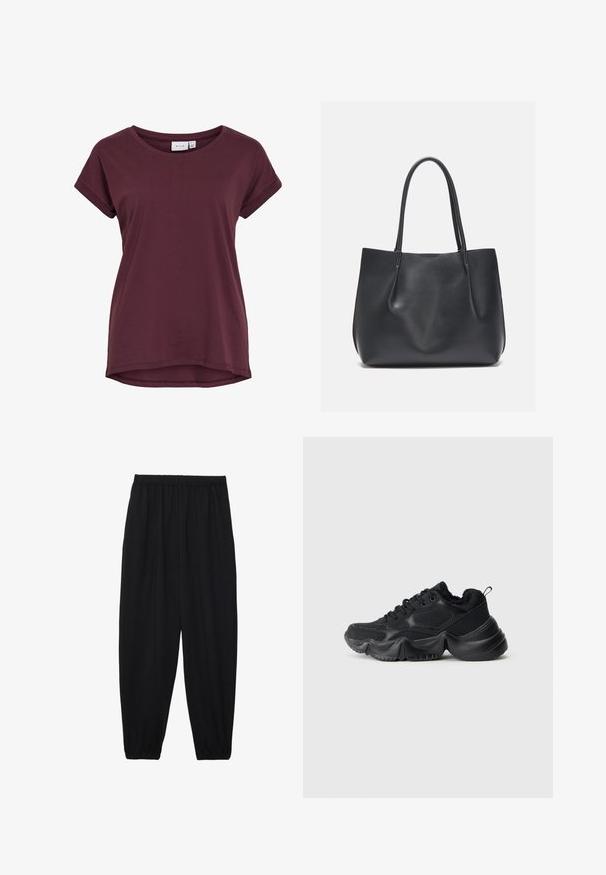 Burgundy short-sleeve t-shirt featuring a round neckline, slightly longer back, and rolled cuffs, made from soft fabric.; Black, lightweight pants with an elastic waistband and gathered ankles. The fabric is smooth and features a relaxed, tapered design.; Black sneakers with a mix of smooth and textured materials, thick soles, rounded shape, and decorative stitching. Features a soft, plush cuff.; Black leather tote bag with two long handles, a smooth texture, and soft silhouette. No visible hardware or patterns.