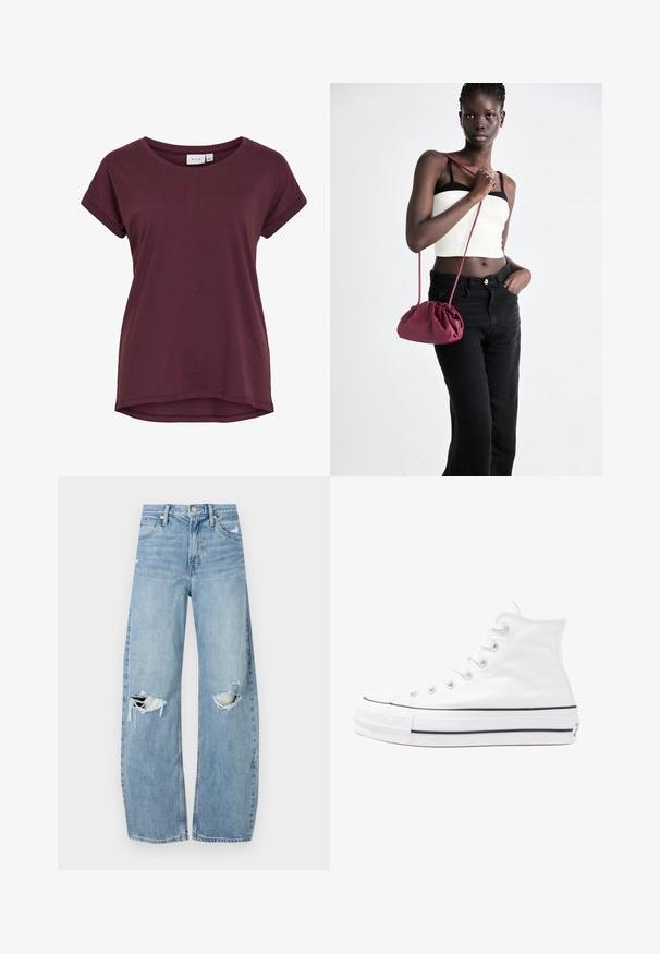 Burgundi trumpas rankovėmis marškinėliai su apvali iškirpte, šiek tiek ilgesniu nugara ir sukabintomis rankovėmis, pagaminti iš minkštos medžiagos.; Šviesiai mėlynos, aukštu juosmeniu džinsai pagaminti iš džinsinio audinio. Turi plačias kojų kelnes, dvi suplėšytas kelio vietas ir klasikinį penkių kišenių dizainą.; Balti aukštakulniai drobės sportbačiai su juodu guminio pado, priekinio guminio piršto dangteliu ir šešiais akytėmis raištams, pasižymintys švariu, minimalistiniu dizainu.; Bordo minkštas audinys rankinukas su susiraukšlėjimu ir ilgu dirželiu, dėvimas per kūną. Modelis vilki baltą trumpą palaidinę ir juodas džinsus.