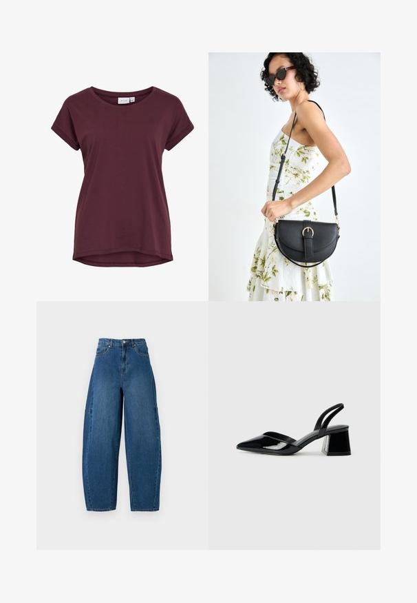 Burgundijas īsām piedurknēm T-krekls ar apaļu dekoltē, nedaudz garāku aizmuguri un rullētām piedurknēm, izgatavots no mīksta auduma.; Denim bikses vidējā zilā krāsā ar augstu jostasvietu, platām kājām un standarta piecu kabatu dizainu ar redzamām šuvju detaļām.; Melna lakota āda ar atvērto papēdi, ar smailu purngalu un ģeometrisku blokpapēdi. Iezīmējas elegants, minimāls dizains un gluda tekstūra.; Melnas ādas rokassoma ar izliekta formu, noņemamu siksnu un zelta aksesuāriem. Somai ir vāciņš ar sprādzes detaļu.