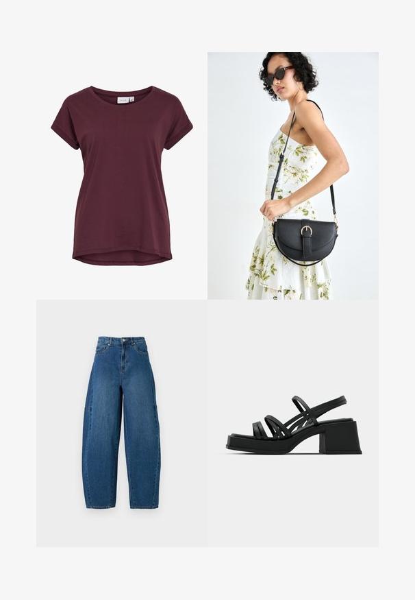 Burgundi trumpas rankovėmis marškinėliai su apvali iškirpte, šiek tiek ilgesniu nugara ir sukabintomis rankovėmis, pagaminti iš minkštos medžiagos.; Deniminės džinsai vidutinio mėlynumo atspalviu, su aukštu liemeniu, plačiais kojų kirpimais ir standartiniu penkių kišenių dizainu, pasižyminčiu matomais siuvimo detalėmis.; Juodos aukštakulnės šlepetės su keliais plonais dirželiais ir plačiu blokiniu kulnu. Elegantiškas dizainas su matinės tekstūros paviršiumi. Pado forma šiek tiek išlenkta.; Juodas odinis krepšys su išlenkta forma, nuimamu dirželiu ir auksiniais detalėmis. Krepšys turi kilpą su sagtimi.