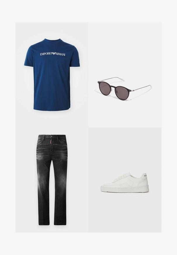Tricou din bumbac de culoare bleumarin, cu guler rotund, având logo-ul "EMPORIO ARMANI" în alb pe piept. Mâneci scurte, croială regulară.; Jeans din denim negru cu o croială dreaptă. Au zone decolorate, ușoare uzuri, design clasic cu cinci buzunare și închidere cu buton.; Sneakers din piele albă cu un finisaj neted, vârf rotund, șireturi plate și o talpă texturată. Prezintă un logo subtil pe călcâi.; Ochelari de soare negri rotunzi cu lentile întunecate și brațe metalice subțiri. Include vârfuri transparente pentru brate și accente argintii la balama. Design minimalist.