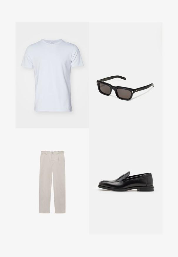 Filippa K TEE - Paprasti marškinėliai - ice blue; Šviesiai bežinės kelnes, pagamintas iš švelnios medžiagos, su tiesiu siluetu, dviem šoniniais kišenėmis ir priekiniais mygtukais. Lengvas ir lygus tekstūra.; Juodos odinės loafers, turinčios lygų paviršių, apvalią noselę ir dekoratyvinę juostą per priekinę dalį. Žemas krentantis kulnas, minimalistinis dizainas.; Juodos stačiakampės akinių nuo saulės su tamsiais objektyvais, storu plastiko rėmu, auksinėmis detalėmis ant šventyklų ir prekės ženklo logotipu išgraviruotu ant šono.