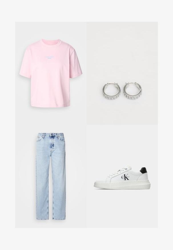Rožinė medvilninė marškinė su apvaliu kaklu, trumpomis rankovėmis ir mėlynu "Calvin Klein JEANS" logotipo atsaudu centru krūtinėje.; Šviesiai mėlynos plačios kelnės, pagamintos iš džinsinio audinio, su aukšta juosmens linija, išblukusiu plovimu ir subtiliu tinių dažymu priekyje.; Balti žemakulniai bateliai su juodu kulno dangteliu, platformos padu, raišteliais ir Calvin Klein "CK" logotipu šone.; Sidabrinės auskarų žiedai su tekstūruotu dizainu, turinčiu vertikalias briaunas. Apskritimo forma su saugiu užraktu. Lygi apdaila.