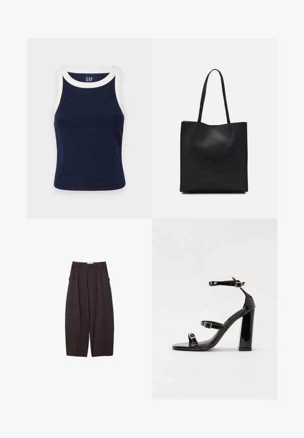 GAP MOD RIB HALTER CROP - Top - navy/white; Schwarze weit geschnittene Hosen aus einem glatten Stoff, mit hoher Taille, Frontfalten und Seitentaschen. Schlichtes Design ohne Verzierungen.; Schwarze patentierte Sandalen mit Absatz, quadratischer Spitze, Knöchelriemen und silbernen Schnallen. Mit einem stabilen Blockabsatz für mehr Stabilität.; Schwarze Laptoptasche aus Leder mit glatter Textur, rechteckiger Form und zwei langen Griffen. Keine sichtbaren Beschläge oder Verzierungen.