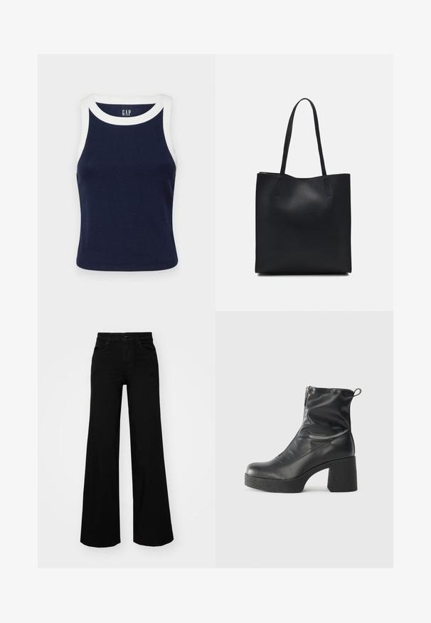 GAP MOD RIB HALTER CROP - Top - navy/white; Schwarze weit geschnittene Hose aus Denim, mit einem strukturierten Bund, Gürtelschlaufen und Fronttaschen. Glatte Textur mit klassischem Design.; Schwarze Stiefeletten aus glattem Leder mit seitlichem Reißverschluss, klobigem strukturiertem Absatz und runder Zehenform.; Schwarze Laptoptasche aus Leder mit glatter Textur, rechteckiger Form und zwei langen Griffen. Keine sichtbaren Beschläge oder Verzierungen.