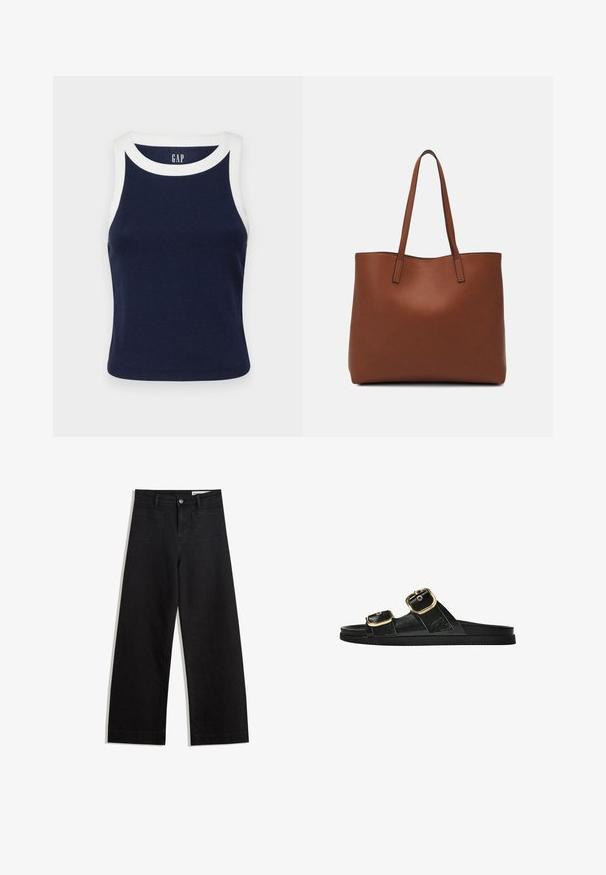 GAP MOD RIB HALTER CROP - Toppi - navy/white; Mustat leveät farkut korkealla vyötäröllä, joissa on etu- ja takataskut, ommellut saumat ja nappisuljenta. Silkinoinen rakenne.; Musta liukusandaali, jossa on kaksi kultaisesta solkesta tehtyä korostusta, sileäpintainen materiaali, litteä pohja ja minimalistinen muotoilu.; Ruskea nahkainen olkalaukku, jossa on sileä pinta, avoin yläosa ja kaksi olkahihnaa. Omaavat vain minimaalisen ompelun eikä näkyvää metalliosaa.