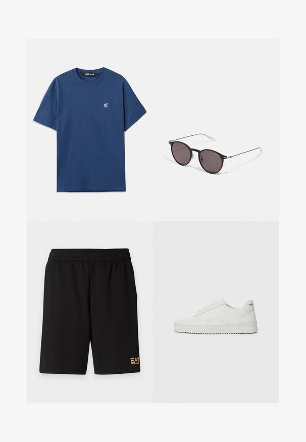 Námorně modré bavlněné tričko s kulatým výstřihem, krátkým rukávem a malým oválným logem na levém prsu. Hladká textura, volný střih.; Černé sportovní šortky vyrobené z měkké látky, s elastickým pasem a malým žlutým logem EA7 na dolní části levé nohy.; Bílé kožené tenisky s hladkým povrchem, kulatou špičkou, plochými tkaničkami a texturovanou podrážkou. Na patě se nachází nenápadné logo.; Černé kulaté sluneční brýle s tmavými skly a tenkými kovovými nohami. Obsahují průhledné koncovky nožiček a stříbrné akcenty na pantu. Minimalistický design.