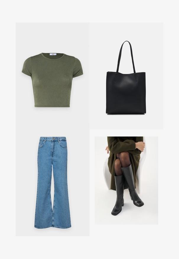 Oliven grønn kortermet crop topp med rund hals, laget av teksturert stoff, med en tettsittende design og minimale sømmer.; Lyseblå vide jeans laget av denim, med høyt liv, fem lommer og en enkelt knappelukking. Myk tekstur med falmet finish.; Knæhøye sorte lærstøvler med firkantet tå og blokkhelt, vist med en modell som sitter iført en olivengrønn kåpe. Glatt tekstur, minimal detaljering.; Svart lær tote bag med glatt tekstur, rektangulær form og to lange håndtak. Ingen synlige deler eller dekorasjoner.