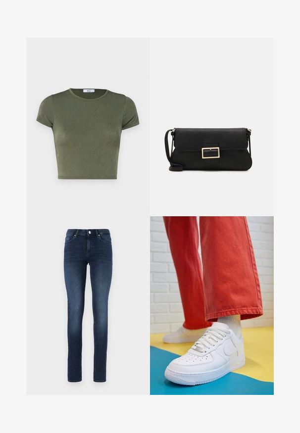 Olive krāsa īsrokas kultūras tops ar apaļu kakla izgriezumu, izgatavots no teksturēta auduma, ar pieguļošu dizainu un minimālām šuvēm.; Tumši zili skinny džinsi, izgatavoti no denima, ar klasisku piecu kabatu dizainu, pogu aizdari un nelielu izbalējumu uz augšstilbiem.; Baltās ādas kedas ar perforētu purngalu, teksturētu zoli un baltām auklām, apvienotas ar platām sarkanām biksēm un zilu un dzeltenu fona.; Melnas ādas saķeres soma ar atloku un zelta metāla sprādzi. Ietver melnu siksnu un elegantu, minimālistisku dizainu.