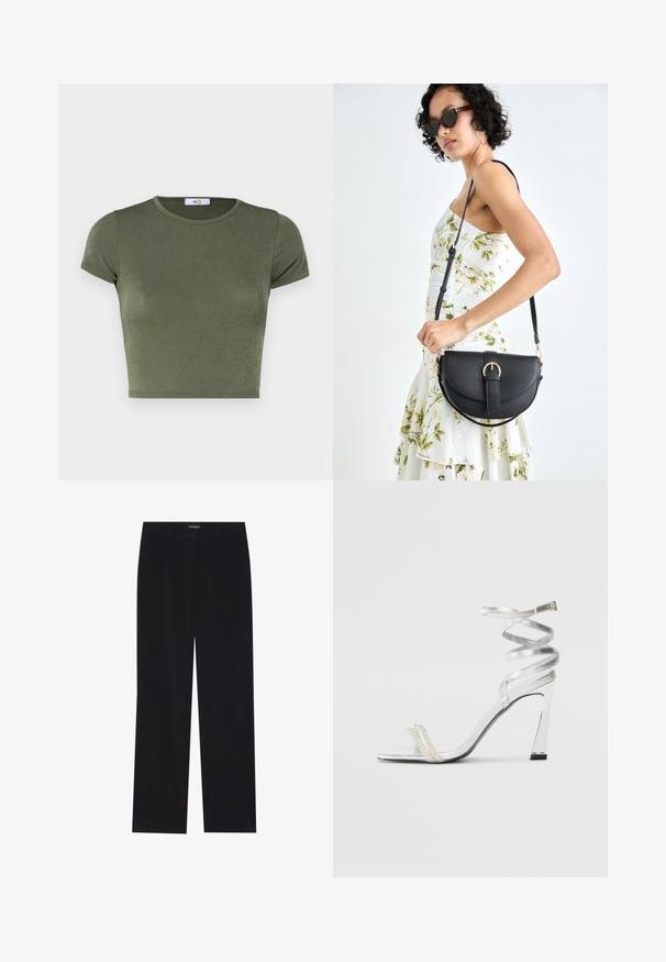 Maslinasto zeleni kratki crop top s kratkim rukavima i okruglim izrezom, izrađen od teksturiranog materijala, s prilagođenim dizajnom i minimalnim šavovima.; Crne korduroy hlače ravnog kroja, s ravnim pojasom i bez vidljivih džepova, glatke teksture i detaljima vertikalnih rebrastih uzoraka.; Srebrna sandala na visokoj potpetici s sjajnim dizajnom trake, s akcentom nalik biseru i spiralnom trakicom za gležanj radi sigurnog držanja.; Crna kožna torba s lukovitim oblikom, odvojivim remenom i zlatnim detaljima. Torba ima preklop s kopčom.