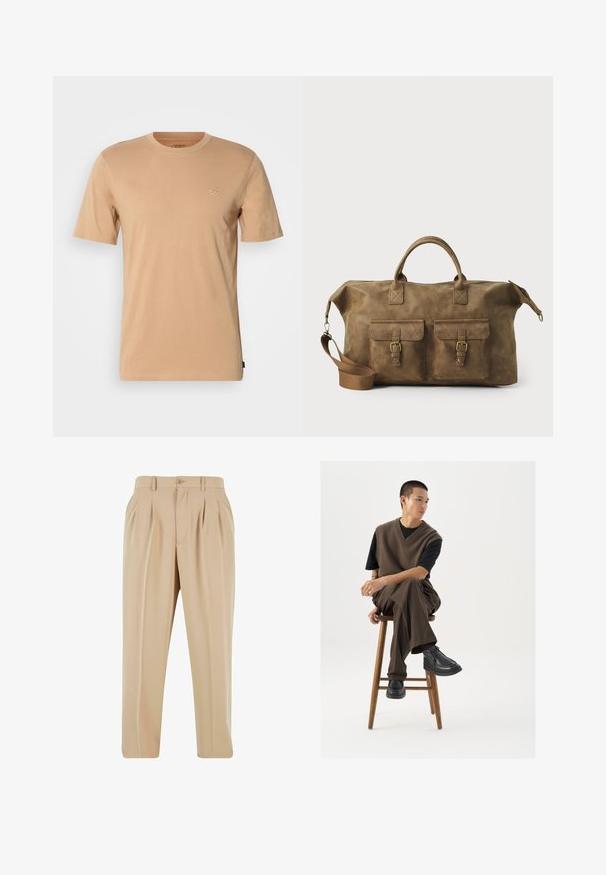 Lichtbruine katoenen t-shirt met korte mouwen, een ronde hals en een klein logo op de linkerborst. Zachte textuur en standaard pasvorm.; Langarm overhemd in een zachte gele stof, met een textuurfinish, kraag en een enkele borstzak aan de linkerkant.; Beige geplooide broeken met een recht model, gemaakt van een zachte stof, met een knoopsluiting en riemlussen op de tailleband.; Bruin gebreid vest over een zwart t-shirt, gecombineerd met bruine wijde broek en zwarte chunky schoenen, zittend op een houten kruk.; Bruine leren weekendtas met twee voorzakken, verstelbare schouderband, gouden hardware en stevige handvatten aan de bovenkant. Strakke textuur.