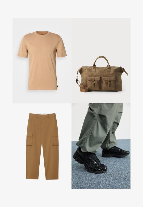 Gai brūns kokvilnas t-krekls ar īsām piedurknēm, apaļu kakla izgriezumu un nelielu logotipu kreisajā krūtī. Mīksta tekstūra un standarta piegriezums.; Ceri brūni cargo bikses ar divām sānu kabatām, plakanu priekšpusi un taisnu kāju griezumu. Izgatavotas no izturīgas auduma ar gludu tekstūru.; Melni sporta apavi ar spīdīgu un sieta tekstūru, ar biezu zoli un auklām, kombinēti ar brīvām olīvzaļām kravas biksēm.; Brūns ādas ceļojumu soma ar diviem priekšējiem kabatām, regulējamu plecu siksnu, zelta detaļām un stingrām augšējām rokturiem. Gluda tekstūra.
