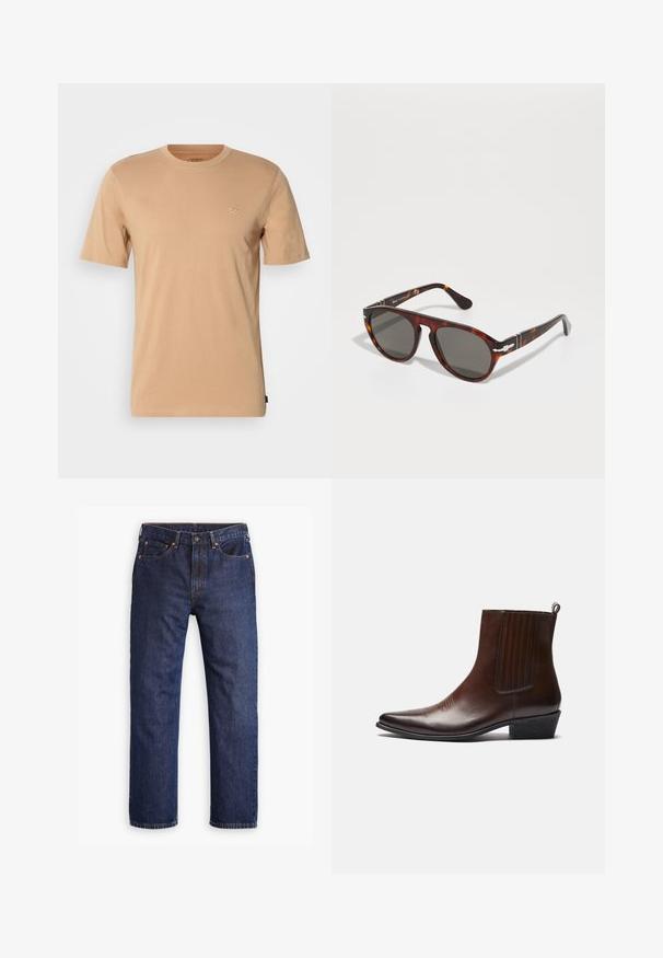 T-shirt di cotone marrone chiaro con maniche corte, collo tondo e un piccolo logo sul lato sinistro del petto. Tessuto morbido e vestibilità standard.; Jeans in denim blu scuro a gamba dritta con bottone frontale, zip, cinque tasche e dettagli in rivetti di rame.; Stivale alla caviglia in pelle marrone con punta affusolata, pannelli elastici laterali, dettagli testurizzati sul davanti e tacco basso a scossaline.; Occhiali da sole tartarugati con lenti grigie. Montatura in plastica liscia, forma rotonda, accenti in metallo sulle stanghette. Superficie riflettente alla luce.