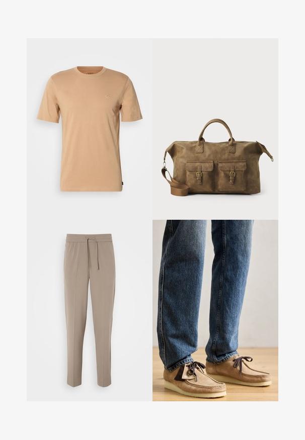 Hellbraunes Baumwoll-T-Shirt mit kurzen Ärmeln, Rundhalsausschnitt und kleinem Logo auf der linken Brust. Weicher Stoff und normale Passform.; Helle beigefarbene Hose mit elastischem Bund, verstellbarem Kordelzug und schmal zulaufenden Beinen. Der Stoff wirkt glatt mit einem leichten Glanz.; Wildleder-Mokassins in Tan mit dunkelbraunen Akzenten, runder Zehenform und weichem weißen Fußbett. Sie verfügen über ein Schnürdesign und gestickte Details.; Braune Ledertasche mit zwei Fronttaschen, verstellbarem Schulterriemen, goldfarbenen Beschlägen und stabilen oberen Griffen. Glatte Textur.