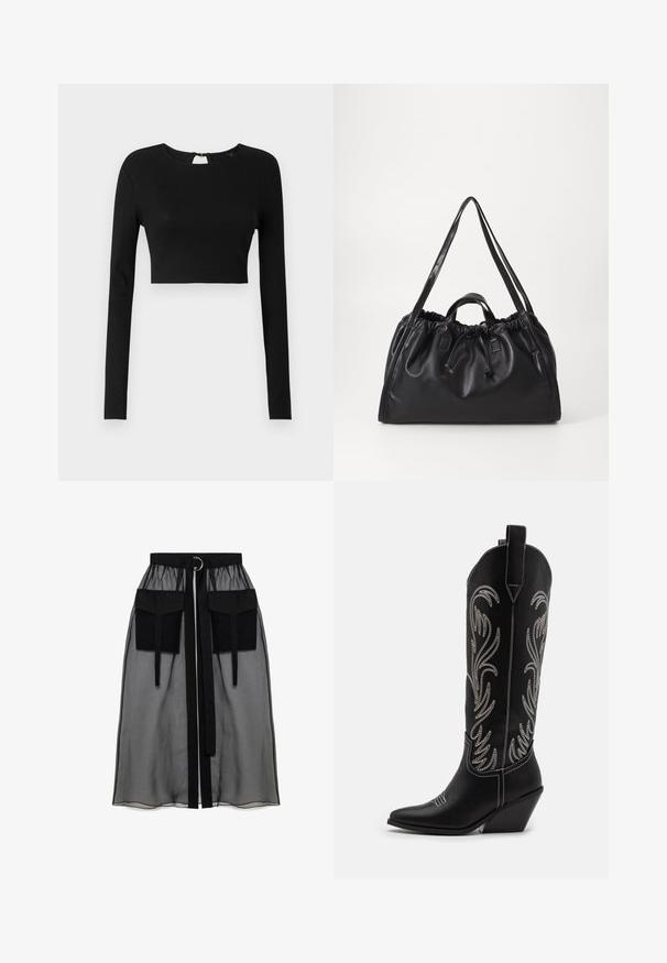 Čierny dlhý rukáv crop top vyrobený z rebrovanej látky. Má okrúhly výstrih a malé otváranie v tvare kľúčovej dierky na chrbte so zipsom.; Čierna priesvitná sukňa s naťahovacím pásom, ktorá má dve veľké predné vrecká, opasok na viazanie a kruhový kovový akcent.; Čierne kožené kovbojské čižmy s špicatými prstami, klinovými podpätkami a striebornými vyšívanými kvetinovými vzormi po celej dĺžke. Kontrastné šitie po celom povrchu.; Čierna kožená taška s riaseným vrchom, šnúrkovým uzáverom, dvojitými uchami a dlhými popruhmi na rameno. Hladká textúra a minimalistický dizajn.
