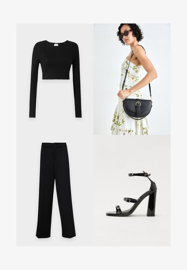 Schwarzes Langarm-Crop-Top aus Rippstoff. Hat einen runden Ausschnitt und eine kleine Schlüsselöffnung am Rücken mit einem Reißverschluss.; Schwarze, weit geschnittene Hosen aus glattem Stoff, mit einem klassischen Taillenbund und einem Knopfverschluss sowie vorderen Falten.; Schwarze patentierte Sandalen mit Absatz, quadratischer Spitze, Knöchelriemen und silbernen Schnallen. Mit einem stabilen Blockabsatz für mehr Stabilität.; Schwarze Lederhandtasche mit geschwungener Form, abnehmbarem Tragegurt und goldenen Beschlägen. Die Tasche verfügt über einen Deckel mit einer Schnallen-Details.