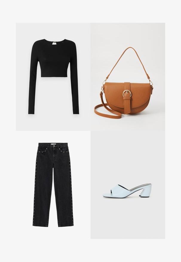 Črn dolg rokav crop top iz rebraste tkanine. Ima okroglo ovratnik in majhen odprtina na hrbtni strani z zadrgo.; Črni denim hlače s ravnim krojem, okrašene z kovinskimi dodatki ob stranskih šivih in dvema sprednjima žepoma.; Svetlo modre sandale na peto z odprtim prstom in geometrijskim vzorcem, ki imajo širok trak čez nogo in masiven, kotni višji del.; Rjava usnjena torbica prek telesa s ukrivljeno obliko, zlate opreme in sponko. Ima odstranljiv naramni trak.