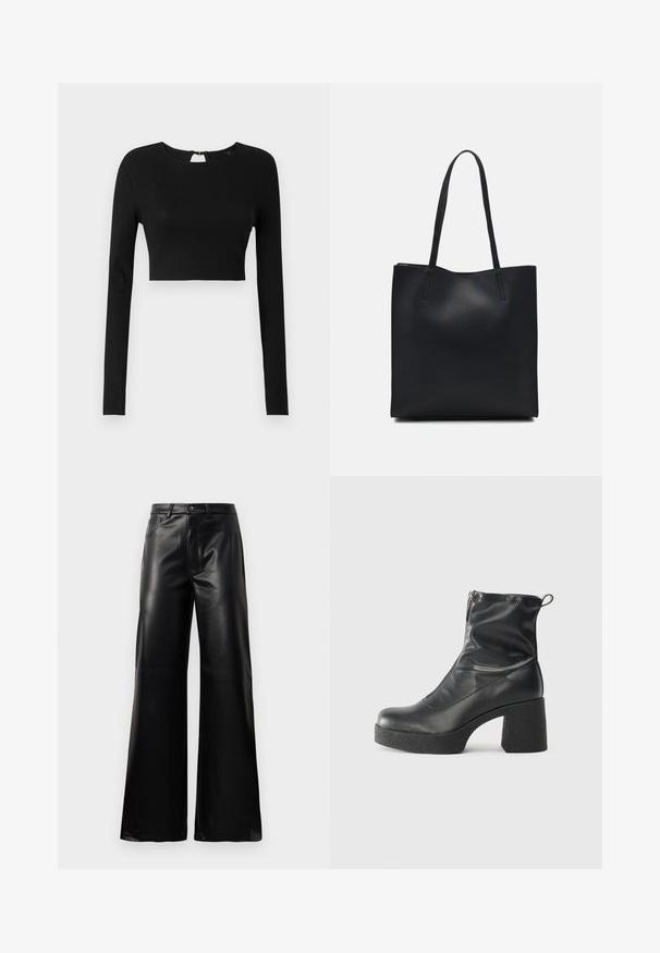 Schwarzes Langarm-Crop-Top aus Rippstoff. Hat einen runden Ausschnitt und eine kleine Schlüsselöffnung am Rücken mit einem Reißverschluss.; Schwarze leichte, weit geschnittene, hochtaillierte Kunstlederhose mit vorderem Knopf, Reißverschluss, Gürtelschlaufen und Seitentaschen auf weißem Hintergrund.; Schwarze Stiefeletten aus glattem Leder mit seitlichem Reißverschluss, klobigem strukturiertem Absatz und runder Zehenform.; Schwarze Laptoptasche aus Leder mit glatter Textur, rechteckiger Form und zwei langen Griffen. Keine sichtbaren Beschläge oder Verzierungen.