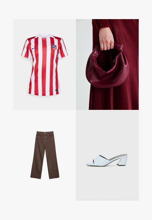 Czerwona i biała paskowana koszulka piłkarska z dekoltem w serek, z niebieskim logo Nike i herbem klubu na lewej piersi. Wykonana z oddychającego materiału.; Szerokie brązowe dżinsy wykonane z denimu, z wysokim stanem, przednimi kieszeniami i klasycznym zapięciem na guzik. Gładka faktura z subtelnym przeszyciem.; Jasnoniebieskie klapki na wysokim obcasie z otwartym noskiem, ozdobione geometrycznym wzorem, z szerokim paskiem na stopie i masywnym, kątowym obcasem.; Bordowa skórzana torebka o miękkim, marszczonym wyglądzie i zaokrąglonym kształcie. Uchwyt jest zabezpieczony, co podkreśla gładką fakturę.