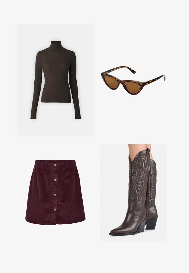 Samsøe Samsøe SONNET - Neule - chocolate torte; Burgundin väriinen sametti mini-hame, jossa on A-linjainen muoto, viisi hopeista nappia edessä ja hienovarainen uritettu pinta.; Ruske nahkasaappaat, joissa on terävä kärki ja laatikkokorko, varustettu yksityiskohtaisella ompelulla ja kohotetuilla yksityiskohdilla varsiosassa.; Kattöga solglasögon med en svart och orange sköldpaddsmönstrad båge, bruna linser och slanka, spetsiga spetsar. Har en minimal logotyp på skalmen.
