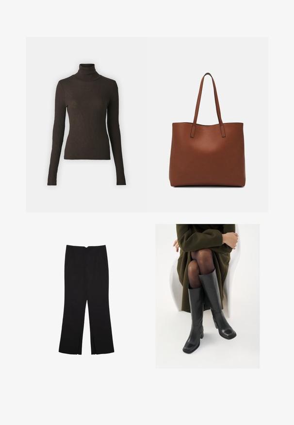 Samsøe Samsøe SONNET - Strickpullover - chocolate torte; Schwarze Hose mit geradem Schnitt, ausgestattet mit Fronttaschen und Seitenschlitzen am Saum. Hergestellt aus weichem, glattem Stoff. Geeignet für verschiedene Anlässe.; Knöchelhöhe schwarze Lederstiefel mit quadrater Spitze und Blockabsatz, gezeigt mit einem Modell, das einen olivgrünen Mantel trägt. Glatte Textur, minimale Details.; Braune Leder-Tote mit glatter Textur, offenem Oberteil und zwei Schulterriemen. Verfügt über minimale Nähte und keine sichtbaren Beschläge.
