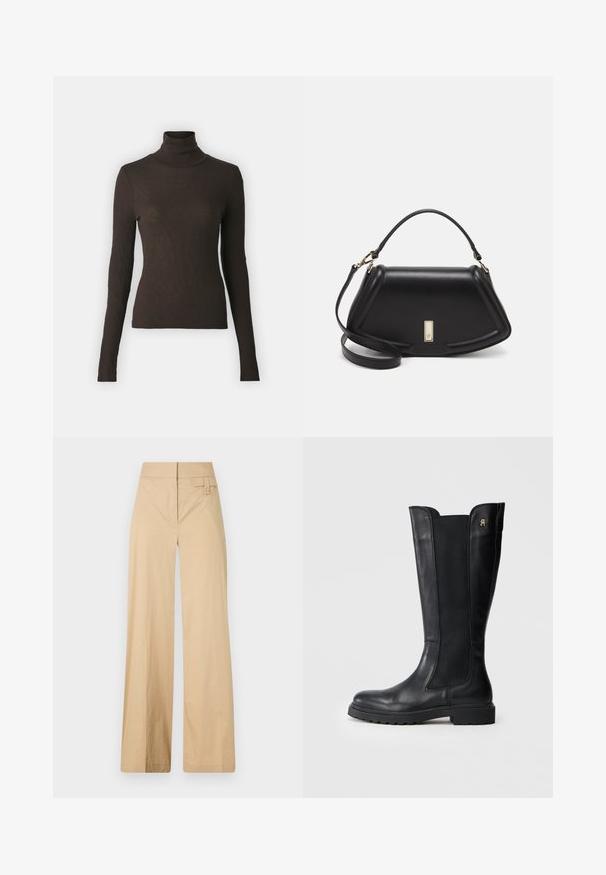 Samsøe Samsøe SONNET  - Pulóver - chocolate torte; Beige színű, bővülő lábú nadrág kevert pamut anyagból. Simás textúrával, elasztikus derékpánttal és oldalsó gombos díszítéssel rendelkezik.; Térdig érő fekete bőrcsizma, elasztikus oldalpanelekkel, lekerekített orral, vastag talpával és kis logóval a külső oldalon.; Fekete bőr kézitáska, strukturált dizájnnal, rövidített formával, felső fogantyúval és arany színű kiegészítőkkel. Állítható vállpánt is tartozik hozzá.