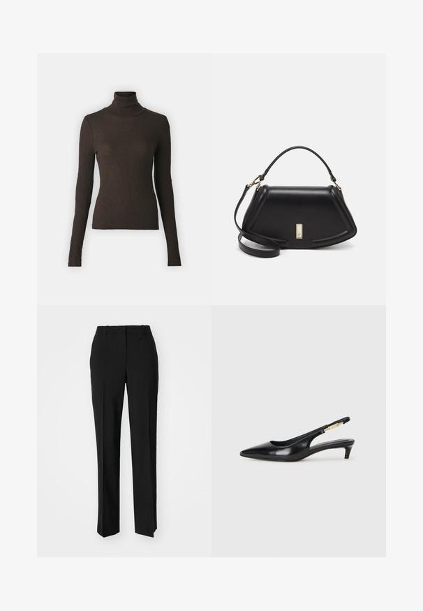 Samsøe Samsøe SONNET - Svetrík - chocolate torte; Čierne krajčírské nohavice so strihom rovného nohu, s hladkou textúrou a ostrými skladmi pozdĺž prednej časti. Žiadne viditeľné hardvér.; Čierne kožené slingback opätky s špicatou špičkou, s úzkym opätkom a zlatým detailom na nastaviteľnom remienku. Hladká textúra.; Čierna kožená kabelka so štruktúrovaným dizajnom, s krátkym tvarom, hornou rúčkou a zlatými prvkami. Súčasťou je nastaviteľný ramenný popruh.