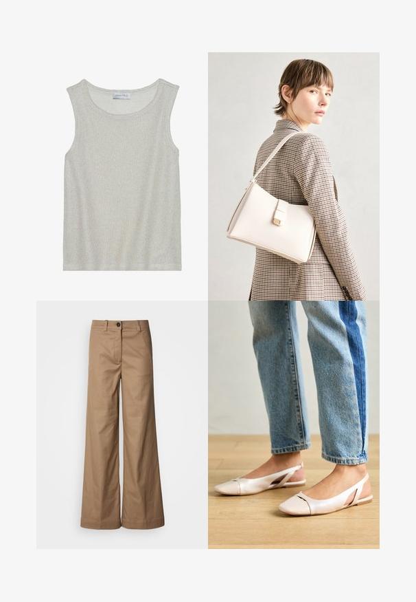 Light gray sleeveless top with a soft, textured knit fabric. Features a round neckline and a loose fit. Label reads "ANNA FIELD" inside.; Wide-leg pants made of smooth, tan fabric. Features a front button closure, belt loops, and side pockets. Clean lines with no visible patterns.; Pale pink slingback flats with a pointed toe, made from a smooth leather-like material. Features cut-out details at the sides and a flat heel.; White leather handbag with a structured design, featuring a magnetic clasp and a shoulder strap, showcased against a neutral background.