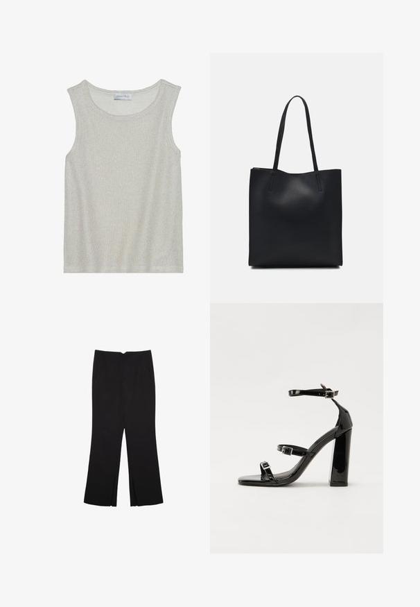 Top senza maniche grigio chiaro in un morbido tessuto a maglia testurizzato. Presenta un collo rotondo e una vestibilità ampia. L'etichetta interna riporta la dicitura "ANNA FIELD".; Pantaloni neri a gamba dritta, con tasche frontali e spacchi laterali all'orlo. Realizzati in tessuto morbido e liscio. Adatti a diverse occasioni.; Sandali con tacco in vernice nera, con punta squadrata, cinturini alla caviglia e fibbie in argento. Presentano un tacco a blocco spesso per maggiore stabilità.; Borsa tote in pelle nera con texture liscia, forma rettangolare e due manici lunghi. Nessun hardware o decorazione visibile.