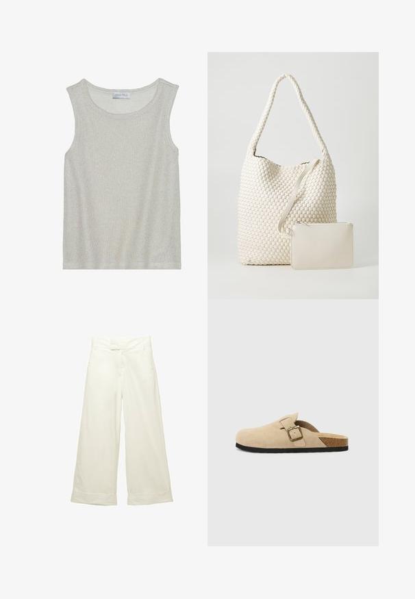 Jasnoszara, bezrękawnika bluzka z miękkiej, teksturowanej dzianiny. Posiada okrągły dekolt i luźny krój. Metka wewnątrz głosi "ANNA FIELD".; Szerokie spodnie w miękkim, kremowym materiale. Posiadają płaski pas i podwinięte mankiety. Gładka tekstura z czystym, minimalistycznym wzornictwem.; Beżowe zamszowe klapki z korkową wkładką, zaokrąglonym noskiem i prostym paskiem z złotym zapięciem. Gumowa podeszwa zapewniająca przyczepność.; Wiązany biały torba tote z teksturowaną powierzchnią i długim uchwytem; zawiera małą pasującą zapinaną na zamek saszetkę.