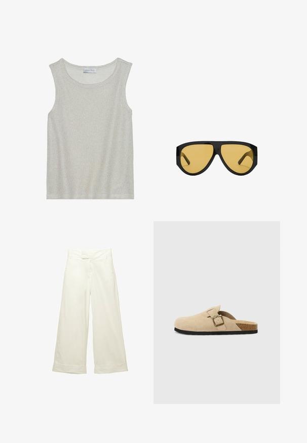 Harmaa hihaton paita pehmeästä, teksturoidusta neulekankaasta. Ominaisuuksiin kuuluu pyöreä pääntie ja väljä istuvuus. Tunnuksessa lukee "ANNA FIELD".; Vaihdehousut pehmeästä, kermanvärisestä kankaasta. Ominaisuuksia litteä etupään vyötärö ja käänteet. Suora rakenne puhtaalla, minimalistisella designilla.; Beige mokkasiner i semsket skinn med korksåle, rund tå og en enkel stropp med gulltone spenne. Gummisåle for godt grep.; Aurinkolasit, joissa on tyylikäs musta muovikehys ja keltaiset sävytyslasit, erottuva kulmikas muoto ja leveät temppelit lisäsuojan takaamiseksi.; Kudottu valkoinen olkaantokassi, jossa on teksturoitu pinta ja pitkä hihna; mukana pieni, yhteensopiva vetoketjullinen pussukka.