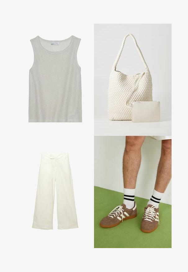 Hellgraues, ärmelloses Oberteil aus einem weichen, strukturierten Strickstoff. Verfügt über einen runden Ausschnitt und eine lockere Passform. Das Etikett innen trägt "ANNA FIELD".; Weit geschnittene Hose aus weichem, cremefarbenem Stoff. Mit flachem Bund und aufgeschlagenen Säumen. Glatte Textur mit einem klaren, minimalistischen Design.; Braune Wildleder-Sneaker mit weißen Akzenten und Schnürsenkeln. Gummisohle in Kautschuk-Optik. Getragen mit weißen Socken, die schwarze Streifen haben. Grüner strukturierter Fußboden.; Gewebte weiße Tragetasche mit strukturiertem Muster und langem Riemen; enthält eine kleine passende Reißverschlusstasche.