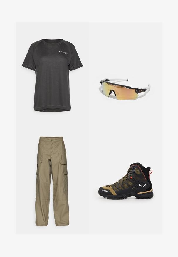 Kortärmad träningsskjorta i mörkgrått, med strukturerat tyg, raglanärmar och en liten logotyp på vänster fram.; Cargo byxor i olivgrön tyg, med en lös passform, flera sidofickor och en knappstängning i midjan. Slät textur.; Mellanhöjd vandringssko i svart och olivgrön, med ovandel i lättviktigt nätmaterial, gummisula och texturerade detaljer samt en draglapp baktill.; Solglasögon med en svart och vit ram, stora spegelglas med gyllene och rosa nyanser, aerodynamisk design och en förlängd ytterkant.