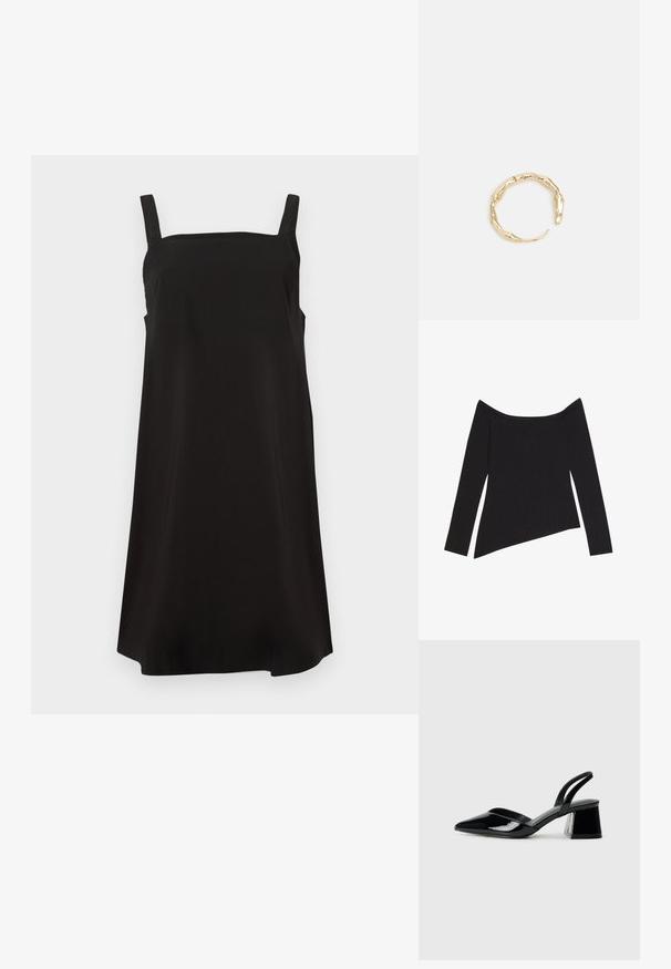 Must have-seljas, millel on must off-the-shoulder disain, pikad varrukad, ribakujuline tekstuur ja asümmeetriline äärejoon, esitleb liibuvat lõiget ja pehmet kangast.; Must mustrõngaga must kleit, mis on valmistatud siledast kangast, vaba lõike ja sirge silueti puhul. Pole nähtavaid mustreid ega metallist elemente.; Mustad musta lakknahk kingad, millel on terav varvas ja geomeetriline plokkkonts. Omab elegantselt minimalistlikku disaini ja sujuvat tekstuuri.; Kollane faux-krokodilli käsipindaga kott, millel on struktureeritud disain, ülemine käepide, eemaldatav kettmass ja dekoratiivne kristallkaunistus klambril.; Kuldtoonis sõrmus, millel on orgaaniline, keerdunud disain sileda tekstuuri ja kitsenevate otstega, luues kaasaegse skulptuurilise välimuse.