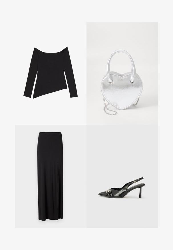 Black off-the-shoulder long-sleeve top with a ribbed texture and an asymmetric hemline, showcasing a fitted design and soft fabric.; Black maxi skirt made of soft, stretchy material. Features a side slit and a simple, streamlined design with no embellishments.; Black patent leather slingback shoe with pointed toe, ankle straps featuring silver buckles and hardware, and a slender heel.; Silver metallic heart-shaped handbag with dual handles, chain strap, and smooth texture. Features metal hardware and stitched edges.