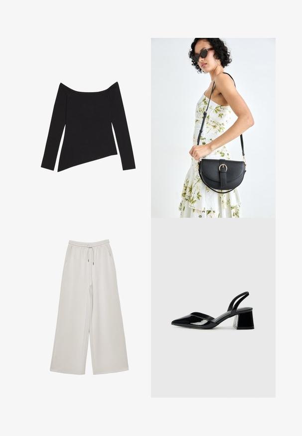 Schwarzes, schulterfreies Langarmoberteil mit gerippter Textur und asymmetrischem Saum, das ein enganliegendes Design und einen weichen Stoff zeigt.; Helle graue weit geschnittene Hose aus weichem Stoff mit elastischem Bund, verstellbarem Kordelzug und seitlichen Taschen. Weiche Textur über das gesamte Material.; Schwarze Lackleder-Slingback-High Heels mit spitzem Schuh und einem geometrischen Blockabsatz. Verfügt über ein schlankes, minimalistisches Design und eine glatte Textur.; Schwarze Lederhandtasche mit geschwungener Form, abnehmbarem Tragegurt und goldenen Beschlägen. Die Tasche verfügt über einen Deckel mit einer Schnallen-Details.