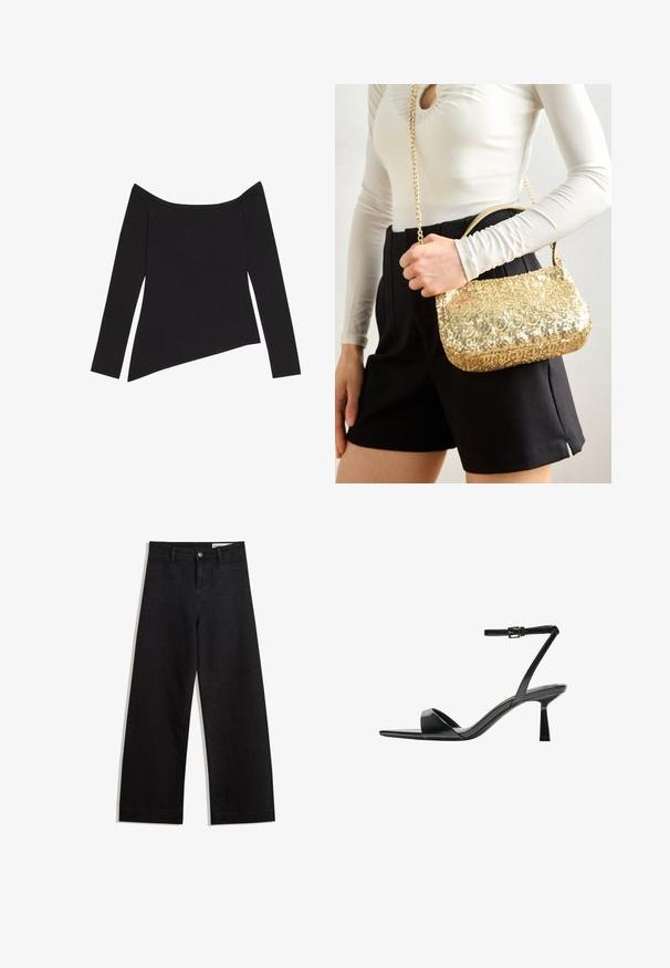 Fekete, váll nélküli, hosszú ujjú felső, bordázott textúrával és aszimmetrikus aljjal, amely testhezálló formát és puha anyagot kínál.; Fekete, bő szabású farmernadrág magas derékkal, elülső és hátsó zsebekkel, varrott felületekkel és gombos záródással. Sima textúra.; Bershka Magas sarkú szandálok - black; Arany flitteres kézitáska téglalap alakú, rövid fogantyúval és hosszú láncos pánttal. A textúra fényes és visszaveri a fényt.