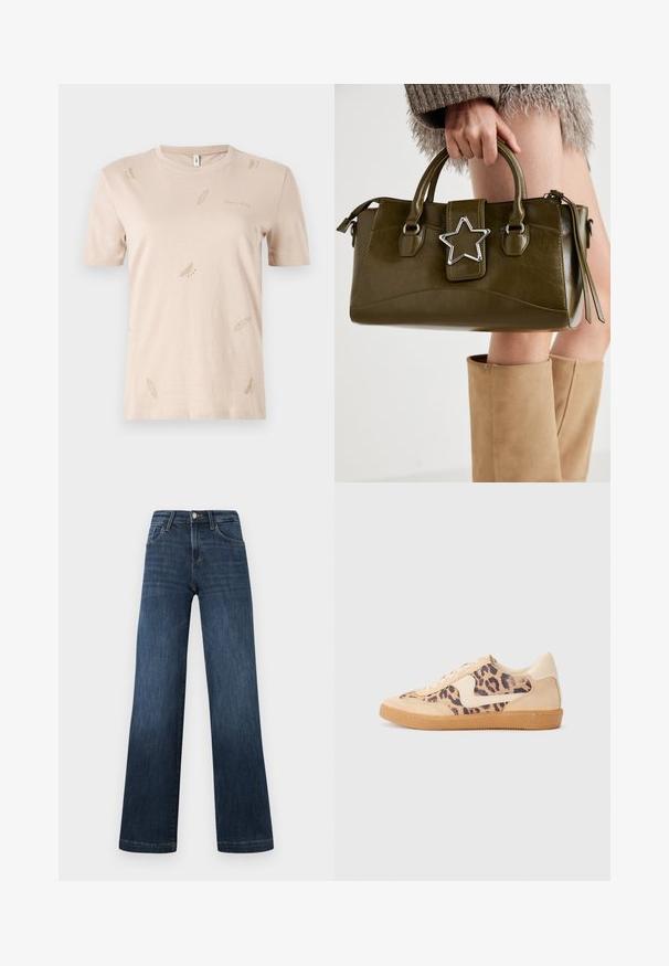 Beige cotton T-shirt with a crew neck. Features small, subtle feather patterns in a lighter shade. Short sleeves, regular fit.; Dark blue denim jeans with a wide-leg design, featuring five pockets and a front button closure. Smooth texture and classic stitching details.; Leopard print sneakers with beige suede upper, tan rubber sole, and white accents. Round toe and lace-up design with a textured finish.; Olive green faux leather handbag with silver star accent, dual handles, and a zip closure. Textured surface and structured shape.