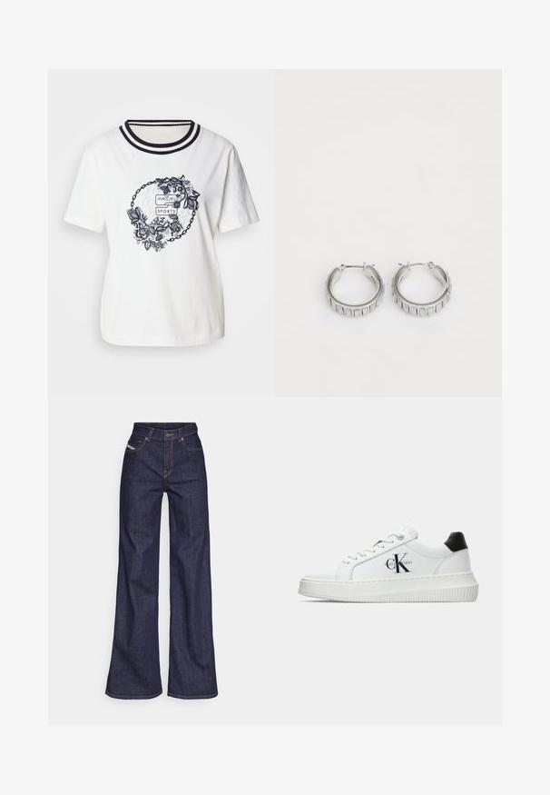 Witte katoen T-shirt met een ronde bloemenafbeelding in marineblauw, voorzien van een geribbelde halslijn in zwart-witte strepen. Korte mouwen, ontspannen pasvorm.; Donkerblauwe wijde jeans van denimstof met een hoge taille, voorzien van oranje stiksels, een vijf-pocket ontwerp en een knoopsluiting.; Witte lage sneaker met zwarte hiel tab, plateauzool, veters en Calvin Klein "CK" logo aan de zijkant.; Zilveren hoepel oorbellen met een textuurontwerp dat verticale ribbels heeft. Cirkelvormig met een veilige sluiting. Gladde afwerking.