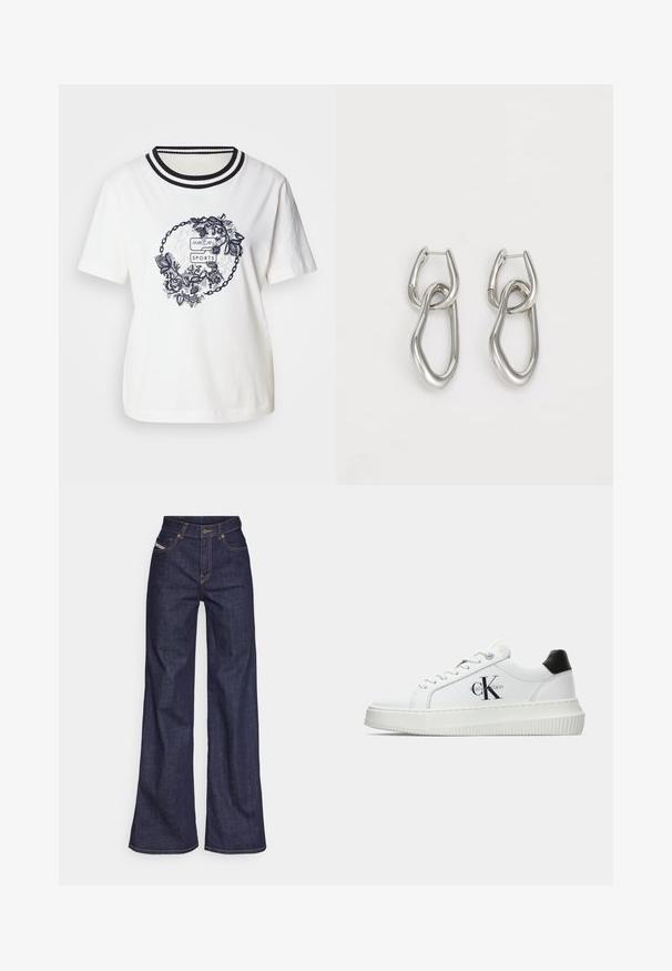 Hvit bomulls T-skjorte med et rundt, blomstrete grafisk motiv i marineblått, med en ribbestrikket halslinning i svart og hvite striper. Korte ermer, avslappet passform.; Mørkeblå vide jeans i denim med høy midje, med oransje sømmer, fem-lomme-design og knappelukking.; Hvite lavsko med svart hæltab, plattformsåle, snøringer og Calvin Klein "CK" logo på siden.; Calvin Klein STATEMENT LINKS - Øredobber - silver-coloured